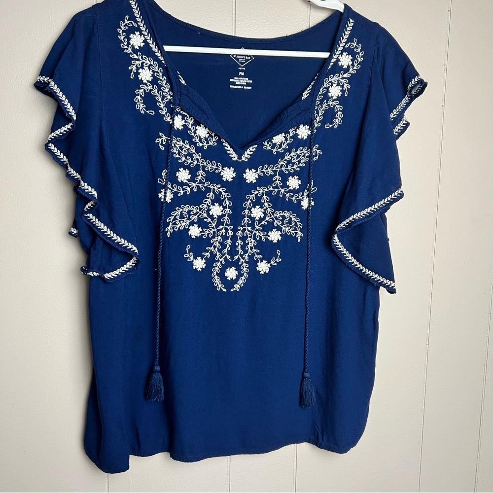 St. John's Bay Embroidered Summer Blouse Sz PM Blue